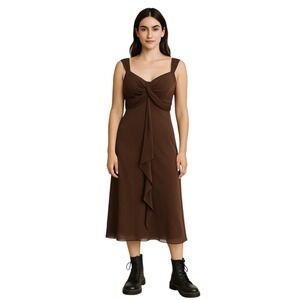 Vintage‎ Womens Brown Silk Midi Babydoll Dress V-neckline Chiffon Ruffle Fairy